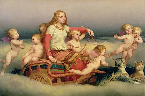 Pintura de la diosa Freya y su carro volador tirado por gatos